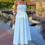 Sırtı Çapraz İpli Boncuk Detaylı Elbise 2902-08