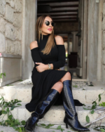 Kadın Balıkçı Yaka Omuzlardan Açık Uzun Kollu Janjan Krep Elbise - Görsel 2