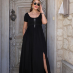 Kadın Kısa Kollu Yuvarlak Yaka önden Yırtmaçlı Cepli Viskon Uzun Elbise