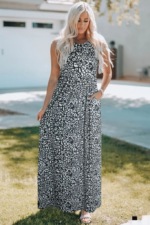 Kadın Kalın Askılı Yuvarlak Yaka Cepli Süprem Maksi Elbise - Görsel 6