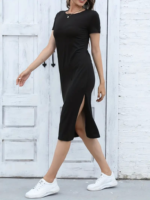 Kadın Kısa Kollu Yanı Yırtmaçlı Bisiklet Yaka Dizde Viskon Elbise - Görsel 5