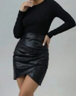 Kadın Yüksek Bel Yandan Fermuarlı Pileli Mini Deri Etek - Görsel 4