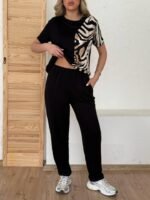 Kadın Bisiklet Yaka Kısa Kol Leopar Desen Bluz Ve Pantolon Ikili Takım - Görsel 4