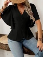 Kadın Kısa Kollu önden Düğmeli Ithal Krep Bluz - Görsel 3