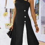 Kadın Tek Omuzu şerit Detaylı Sıfır Kol Yandan Düğme Detaylı Janjan Krep Elbise