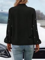 Kadın Uzun Kollu Yakadan Fiyonklu Incili Ithal Krep Bluz - Görsel 4