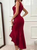 Kadın Askılı V Yakalı önden Fırfırlı Uzun Ithal Krep Elbise - Görsel 3