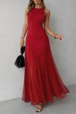 Kadın Askılı Bisiklet Yaka Etek Ucu Tül Detaylı Asimetrik Kiloş Uzun Ithal Krep Elbise - Görsel 3