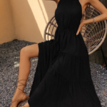 Kadın Kolsuz Halter Yaka Beli Lastiklidesenli Mikro Elbise