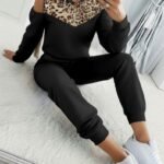 Kadın Uzun Kollu Omuzlardan Açık Leopar Desenli Kapşonlu Viskon Iki Iplik Bluz Ve Pantolon Ikili Takım