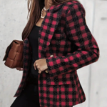 Kadın Uzun Kollu Yakalı Kare Desenli Ekoseli Düğmeli Ceket