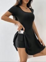 Kadın Kısa Kollu Kare Yakalı Cep Detaylı Dalgıç Elbise Tulum - Görsel 3