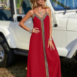 Kadın Askılı V Yakalı Etnik şerit Detaylı Uzun Viskon Elbise