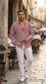 Erkek Dikey Çizgili Yarım Oversize Gömlek