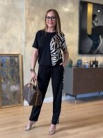 Kadın Bisiklet Yaka Kısa Kol Leopar Desen Bluz Ve Pantolon Ikili Takım - Görsel 5