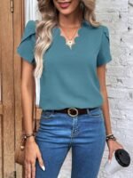 Kadın Kısa Kollu Lazer V Yakalı Ithal Krep Bluz - Görsel 5