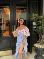 RENKLİ NAKIŞ DESENLİ ELBİSE - Mavi - Görsel 4