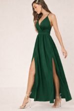 Kadın Ip Askılı Kruvazeli Yırtmaç Detaylı Yerli Krep Uzun Elbise - Görsel 3