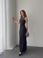 Kadın Omuz çoklu Askılı önü Taş Işlemeli Balık Kesim Janjan Krep Maxi Boy Elbise - Görsel 2