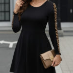 Kadın Uzun Kollu Bisiklet Yaka Kollar Leopar Detay Iki Iplik Mini Boy Elbise