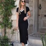 Kadın Kısa Kollu V Yakalı Yandan şerit Ve Yırtmaçlı Viskon Uzun Elbise