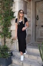 Kadın Kısa Kollu V Yakalı Yandan şerit Ve Yırtmaçlı Viskon Uzun Elbise