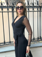 Kadın Uzun Kollu Kruvaze Yakalı Kolları Tül Detay Beli Kuşaklı Ithal Krep Tulum - Görsel 6