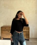 Kadın Kayık Yaka Yarasa Kol Dökümlü Kısa Bluz - Görsel 2