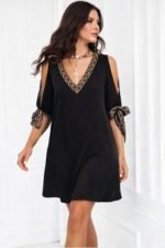 Kadın Kısa Kollu V Yakalı Kısa Sandy Elbise - Görsel 6