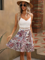 Kadın Askılı V Yakalı üst Dantel Alt Süprem Mini Elbise - Görsel 3