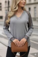 Kadın Uzun Kollu V Yakalı Dantelli Waffle Bluz - Görsel 2