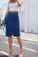 Kadın Yüksek Bel önden Yırtmaçlı Kısa Kot Etek - Görsel 3