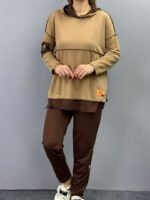 Kadın Kahve Kapşonlu Etek Ucu Detay Arma Ters Dikiş Gorunumlu Ikili Takım - Görsel 8