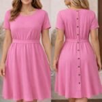 Kadın Kısa Kollu Yuvarlak Yaka Arkadan Düğmeli Viskon Midi Elbise - Görsel 3