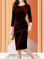 Kadın Uzun Kollu Bot Yaka Yanı Taş Detaylı Midi Kadife Elbise - Görsel 4