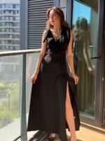 Kadın Askılı Omuzdan Bağlamalı Kruvaze Yakalı Uzun Yırtmaçlı Janjan Krep Elbise - Görsel 2