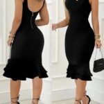 Kadın Askılı V Yaka Arkadan Fermuarlı Dalgıç Elbise