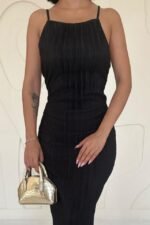 Siyah Piliseli Halter Boyun Elbise - Görsel 3