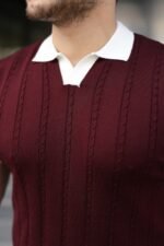 Erkek Örgü Desen Yakalı Kısa Kollu Triko Tişört - %100 Pamuk Akrilik - Görsel 6