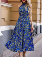 Kadın Omuz Dekolteli Halter Yaka Desenli Maxi Süprem Elbise - Görsel 4