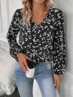 Kadın Uzun Kollu V Yakalı çiçek Desenli Modal Bluz
