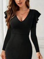 Kadın Uzun Kollu V Yakalı Yandan Yırtmaçlı Midi Ithal Krep Elbise - Görsel 2