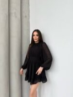 Kadın Yarım Balıkçı Yaka Kolları Transparan Astarlı Full şifon Elbise - Görsel 5