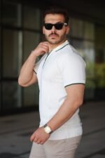 Erkek Dikey Kabartmalı Örgü Dokulu Fermuar Yakalı Tişört - Görsel 2