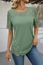 Kadın Kısa Kollu Dantel Detaylı Yandan Düğmeli Waffle Bluz - Görsel 2