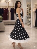 Kadın Omuz Dekolteli Fiyonk Ve Puantiye Detay Maxi Boy Elbise - Görsel 3