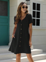 Kadın Kısa Kollu V Yaka önü Düğmeli Viskon Elbise - Görsel 3