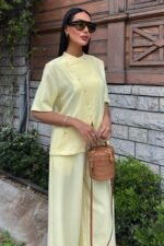 Hakim Yaka Çapraz Düğmeli Plazzo Pantolon Viscon Keten Takım 10209 - Görsel 2