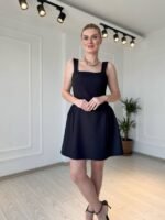 Kadın Omuz Askılı Kare Yaka Ithal Atlas Kumas Mini Elbise - Görsel 2