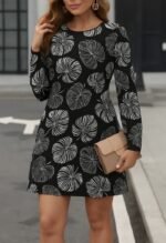 Kadın Uzun Kollu Bisiklet Yaka Desenli Kısa Krep Elbise